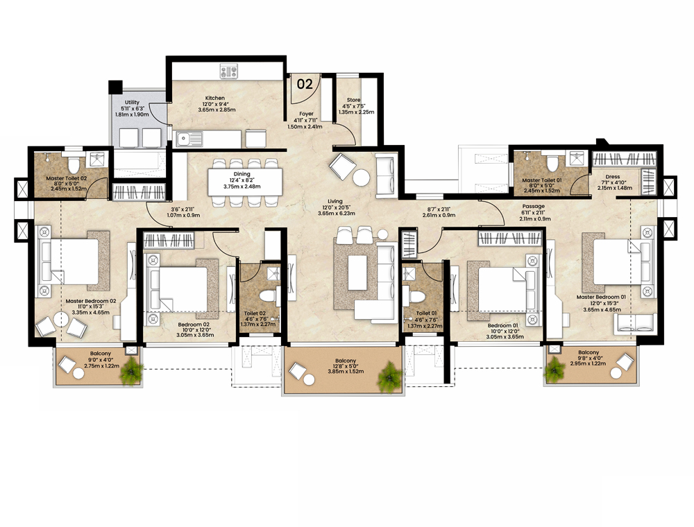 Mahindra Sanctum 3 bhk plan